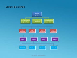Cadena de mando
Director
general
Vicepresidente
ejecutivo
Presidente
Vicepresidente
ejecutivo
Vice-
presidente
Vice-
presidente
Vice-
presidente
Vice-
presidente
Región 1 Región 2 Región 3 Región 4
Distrito A Distrito A Distrito A Distrito A
Lic. Julio S. Torres Miranda
 