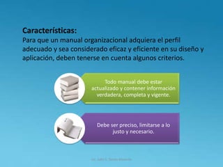 Lic. Julio S. Torres Miranda
Características:
Para que un manual organizacional adquiera el perfil
adecuado y sea considerado eficaz y eficiente en su diseño y
aplicación, deben tenerse en cuenta algunos criterios.
Todo manual debe estar
actualizado y contener información
verdadera, completa y vigente.
Debe ser preciso, limitarse a lo
justo y necesario.
 
