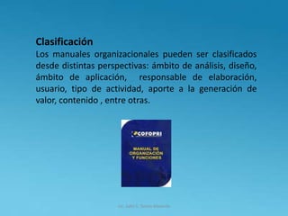 Lic. Julio S. Torres Miranda
Clasificación
Los manuales organizacionales pueden ser clasificados
desde distintas perspectivas: ámbito de análisis, diseño,
ámbito de aplicación, responsable de elaboración,
usuario, tipo de actividad, aporte a la generación de
valor, contenido , entre otras.
 