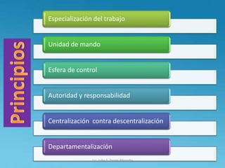 Especialización del trabajo
Unidad de mando
Esfera de control
Autoridad y responsabilidad
Centralización contra descentralización
Departamentalización
Lic. Julio S. Torres Miranda
 