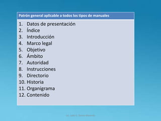 Lic. Julio S. Torres Miranda
Patrón general aplicable a todos los tipos de manuales
1. Datos de presentación
2. Índice
3. Introducción
4. Marco legal
5. Objetivo
6. Ámbito
7. Autoridad
8. Instrucciones
9. Directorio
10. Historia
11. Organigrama
12. Contenido
 