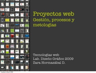 Proyectos web
                        Gestión, procesos y
                        metologías




                        Tecnologías web
                        Lab. Diseño Gráﬁco 2009
                        Zara Hormazábal D.

Tuesday 24 March 2009
 