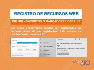 Los sitios encontrados pueden ser organizados en
carpetas antes de ser registrados. Este acceso es
posible desde una única PC.
DIR URL- FAVORITOS O MARCADORES OFF LINE
REGISTRO DE RECURSOS WEB
 