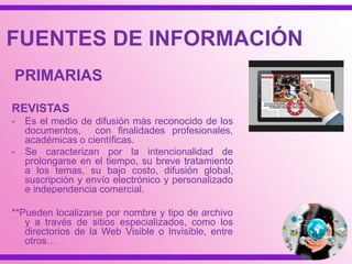 NORMAS
- Es un documento aprobado por un
organismo competente, que establece
reglas y requisitos que han de cumplir
los distintos productos, procesos, formas
de redacción de un texto, etc.
- Se actualizan periódicamente por lo que
es necesario revisarlas con frecuencia.
**Generalmente se encuentran en archivos
con extensión pdf, aunque también
pueden aparecer en otros formatos. ..
FUENTES DE INFORMACIÓN
PRIMARIAS
 