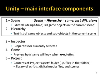 1 – Scene Scene = Hierarchy = same, just diff. views
 Editable (design-time) 3D game objects in the current scene
2 – Hierarchy
 Text list of game objects and sub-objects in the current scene
3 – Inspector
 Properties for currently selected
4 – Game
 Preview how game will look when exectuting
5 – Project
 Contents of Project ‘assets’ folder (i.e. files in that folder)
– library of scripts, digital media files, and scenes
4
 