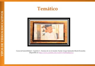 Temático
TIPOSDEVIDEOSEDUCATIVOS
Curso de Sostenibilidad – Capítulo 1 – Formas de ver el mundo. Fuente: Grupo Santander Brasil [Youtube].
Disponible en: http://www.youtube.com/watch?v=EO4GQDpuryo
 