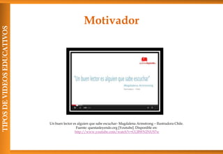 Motivador
TIPOSDEVIDEOSEDUCATIVOS
Un buen lector es alguien que sabe escuchar- Magdalena Armstrong – Ilustradora Chile.
Fuente: questasleyendo.org [Youtube]. Disponible en:
http://www.youtube.com/watch?v=CGBWN2NUS7w
 