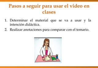 Pasos a seguir para usar el video en
clases
1. Determinar el material que se va a usar y la
intención didáctica.
2. Realizar anotaciones para comparar con el temario.
 
