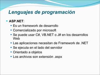 Lenguajes de programación ASP Ejemplos: http://www.asptutor.com/asp/todoslosarticulos.asp 