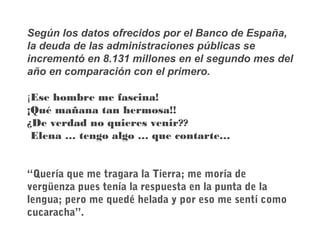 Según los datos ofrecidos por el Banco de España,
la deuda de las administraciones públicas se
incrementó en 8.131 millones en el segundo mes del
año en comparación con el primero.
¡Ese hombre me fascina!
¡Qué mañana tan hermosa!!
¿De verdad no quieres venir??
Elena … tengo algo … que contarte…
“Quería que me tragara la Tierra; me moría de
vergüenza pues tenía la respuesta en la punta de la
lengua; pero me quedé helada y por eso me sentí como
cucaracha”. 
 