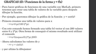 • Para hacer gráficas de funciones de una variable con MatLab, primero
tenemos que crear una tabla de valores de la variable para después
dibujar la función.
• Por ejemplo, queremos dibujar la gráfica de la función y = sen(x):
• Primero creamos una tabla de valores para x
 >>x=0:pi/100:2*pi;
• Con este comando hemos formado una tabla (el vector x) con 200 valores
entre 0 y 2*pi. Otra forma de conseguir el mismo resultado será utilizar
el comando
 >>x=linspace(0,2*pi,200);
• Ahora calculamos los valores de y
 >> y = sin(x);
• y por ultimo la dibujamos:
GRAFICAS 2D / Funciones de la forma y = f(x)
 