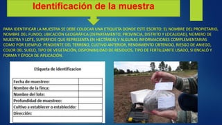 Identificación de la muestra
PARA IDENTIFICAR LA MUESTRA SE DEBE COLOCAR UNA ETIQUETA DONDE ESTE ESCRITO: EL NOMBRE DEL PROPIETARIO,
NOMBRE DEL FUNDO, UBICACIÓN GEOGRÁFICA (DEPARTAMENTO, PROVINCIA, DISTRITO Y LOCALIDAD), NÚMERO DE
MUESTRA Y LOTE, SUPERFICIE QUE REPRESENTA EN HECTÁREAS Y ALGUNAS INFORMACIONES COMPLEMENTARIAS
COMO POR EJEMPLO: PENDIENTE DEL TERRENO, CULTIVO ANTERIOR, RENDIMIENTO OBTENIDO, RIESGO DE ANIEGO,
COLOR DEL SUELO, TIPO DE VEGETACIÓN, DISPONIBILIDAD DE RESIDUOS, TIPO DE FERTILIZANTE USADO, SI ENCALÓ Y
FORMA Y ÉPOCA DE APLICACIÓN.
 