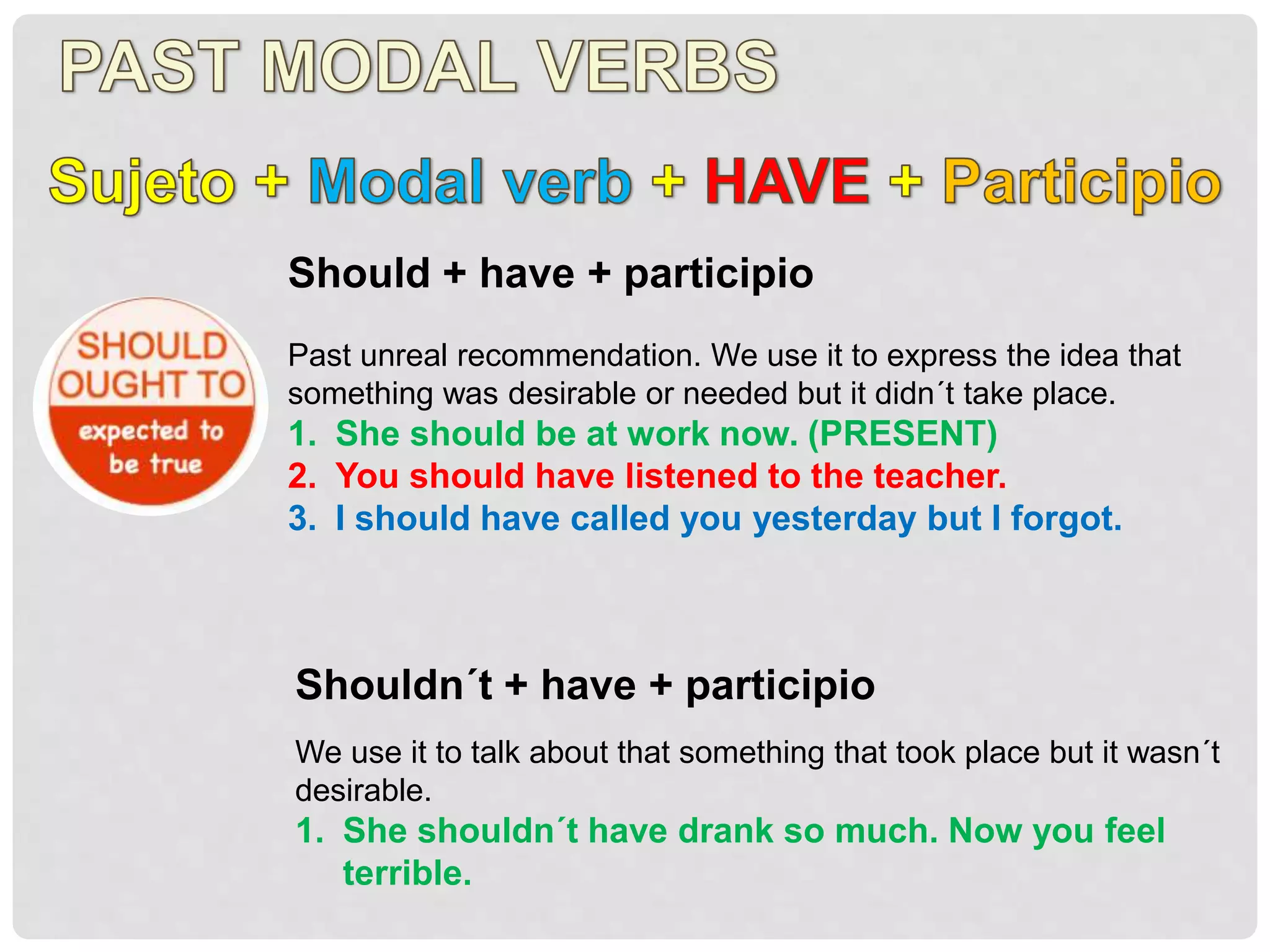 Should + have + participio
Past unreal recommendation. We use it to express the idea that
something was desirable or needed but it didn´t take place.
1. She should be at work now. (PRESENT)
2. You should have listened to the teacher.
3. I should have called you yesterday but I forgot.
Shouldn´t + have + participio
We use it to talk about that something that took place but it wasn´t
desirable.
1. She shouldn´t have drank so much. Now you feel
terrible.
 