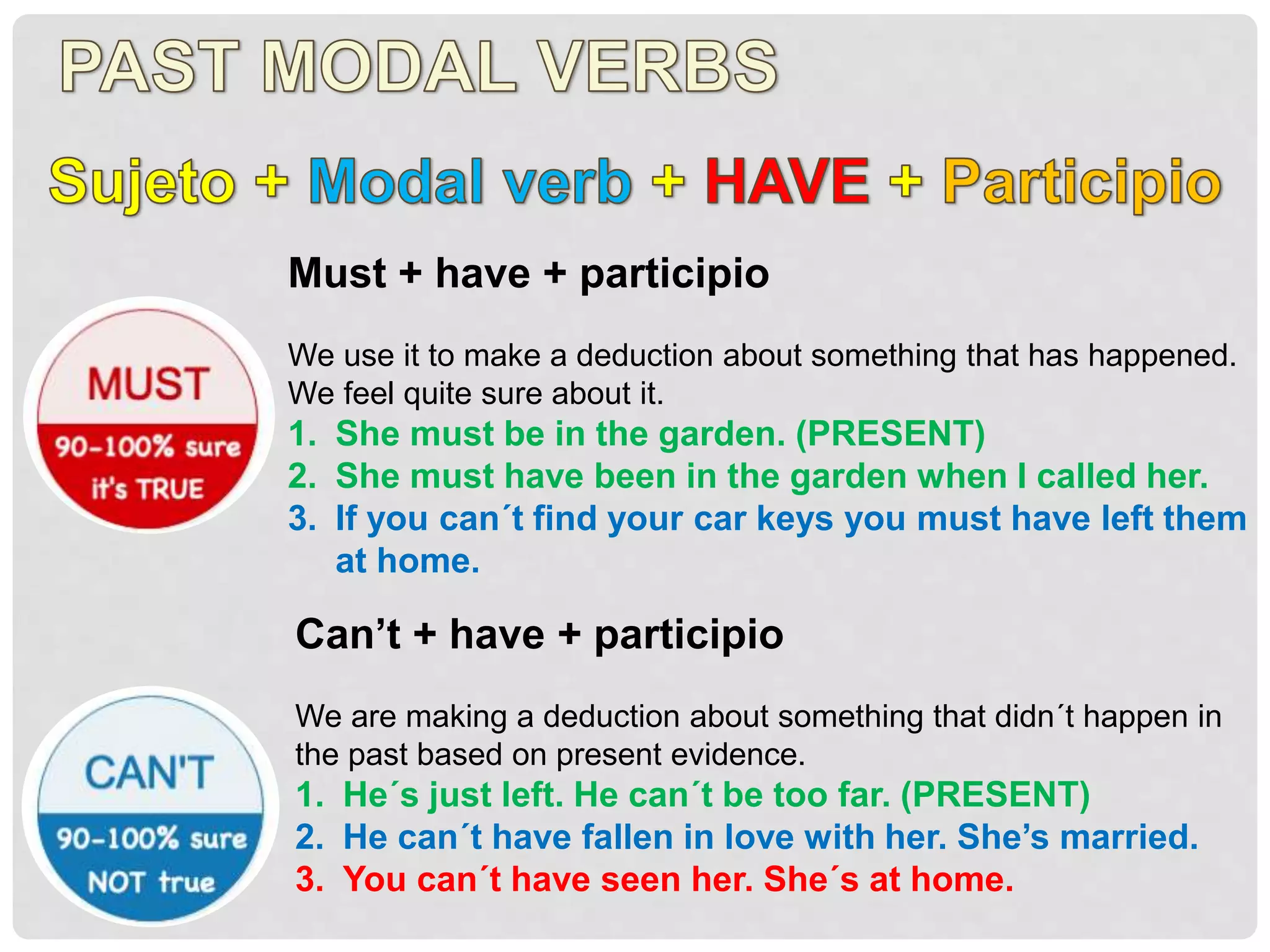 Must + have + participio
We use it to make a deduction about something that has happened.
We feel quite sure about it.
1. She must be in the garden. (PRESENT)
2. She must have been in the garden when I called her.
3. If you can´t find your car keys you must have left them
at home.
Can’t + have + participio
We are making a deduction about something that didn´t happen in
the past based on present evidence.
1. He´s just left. He can´t be too far. (PRESENT)
2. He can´t have fallen in love with her. She’s married.
3. You can´t have seen her. She´s at home.
 