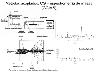 Métodos acoplados: CG – espectrometría de masas
(GC/MS)
Aumenta el momento lineal de las moléculas más pesadas
Señal del pico 12
 