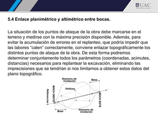 5.4 Enlace planimétrico y altimétrico entre bocas.
La situación de los puntos de ataque de la obra debe marcarse en el
terreno y medirse con la máxima precisión disponible. Además, para
evitar la acumulación de errores en el replanteo, que podría impedir que
las labores “calen” correctamente, conviene enlazar topográficamente los
distintos puntos de ataque de la obra. De esta forma podremos
determinar conjuntamente todos los parámetros (coordenadas, acimutes,
distancias) necesarios para replantear la excavación, eliminando las
imprecisiones que se tendrían si nos limitamos a obtener estos datos del
plano topográfico.
 