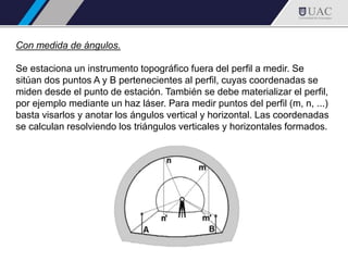 Con medida de ángulos.
Se estaciona un instrumento topográfico fuera del perfil a medir. Se
sitúan dos puntos A y B pertenecientes al perfil, cuyas coordenadas se
miden desde el punto de estación. También se debe materializar el perfil,
por ejemplo mediante un haz láser. Para medir puntos del perfil (m, n, ...)
basta visarlos y anotar los ángulos vertical y horizontal. Las coordenadas
se calculan resolviendo los triángulos verticales y horizontales formados.
 
