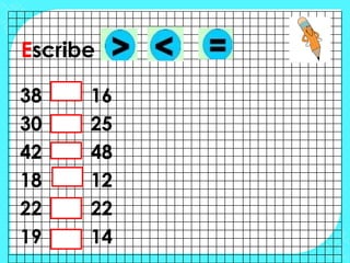 Escribe

38    16
30    25
42    48
18    12
22    22
19    14
 