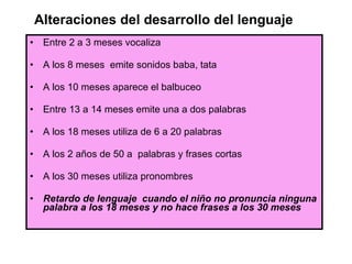 Alteraciones del desarrollo del lenguaje Entre 2 a 3 meses vocaliza A los 8 meses  emite sonidos baba, tata A los 10 meses aparece el balbuceo Entre 13 a 14 meses emite una a dos palabras A los 18 meses utiliza de 6 a 20 palabras A los 2 años de 50 a  palabras y frases cortas A los 30 meses utiliza pronombres Retardo de lenguaje  cuando el niño no pronuncia ninguna palabra a los 18 meses y no hace frases a los 30 meses 