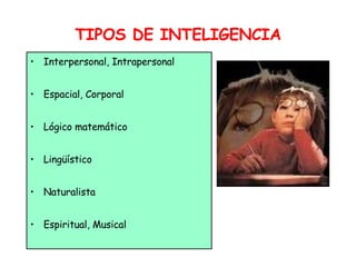 TIPOS DE INTELIGENCIA Interpersonal, Intrapersonal Espacial, Corporal Lógico matemático Lingüístico Naturalista Espiritual, Musical 