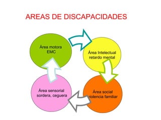 AREAS DE DISCAPACIDADES Área sensorial sordera, ceguera Área motora EMC Área Intelectual retardo mental Área social violencia familiar 