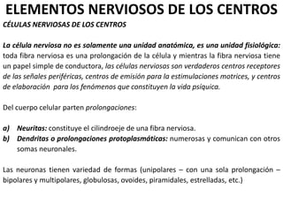 ELEMENTOS NERVIOSOS DE LOS CENTROS
CÉLULAS NERVIOSAS DE LOS CENTROS
La célula nerviosa no es solamente una unidad anatómica, es una unidad fisiológica:
toda fibra nerviosa es una prolongación de la célula y mientras la fibra nerviosa tiene
un papel simple de conductora, las células nerviosas son verdaderos centros receptores
de las señales periféricas, centros de emisión para la estimulaciones motrices, y centros
de elaboración para los fenómenos que constituyen la vida psíquica.
Del cuerpo celular parten prolongaciones:
a) Neuritas: constituye el cilindroeje de una fibra nerviosa.
b) Dendritas o prolongaciones protoplasmáticas: numerosas y comunican con otros
somas neuronales.
Las neuronas tienen variedad de formas (unipolares – con una sola prolongación –
bipolares y multipolares, globulosas, ovoides, piramidales, estrelladas, etc.)
 