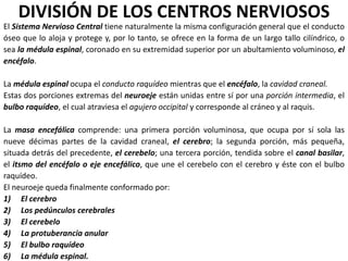 DIVISIÓN DE LOS CENTROS NERVIOSOS
El Sistema Nervioso Central tiene naturalmente la misma configuración general que el conducto
óseo que lo aloja y protege y, por lo tanto, se ofrece en la forma de un largo tallo cilíndrico, o
sea la médula espinal, coronado en su extremidad superior por un abultamiento voluminoso, el
encéfalo.
La médula espinal ocupa el conducto raquídeo mientras que el encéfalo, la cavidad craneal.
Estas dos porciones extremas del neuroeje están unidas entre sí por una porción intermedia, el
bulbo raquídeo, el cual atraviesa el agujero occipital y corresponde al cráneo y al raquis.
La masa encefálica comprende: una primera porción voluminosa, que ocupa por sí sola las
nueve décimas partes de la cavidad craneal, el cerebro; la segunda porción, más pequeña,
situada detrás del precedente, el cerebelo; una tercera porción, tendida sobre el canal basilar,
el itsmo del encéfalo o eje encefálico, que une el cerebelo con el cerebro y éste con el bulbo
raquídeo.
El neuroeje queda finalmente conformado por:
1) El cerebro
2) Los pedúnculos cerebrales
3) El cerebelo
4) La protuberancia anular
5) El bulbo raquídeo
6) La médula espinal.
 