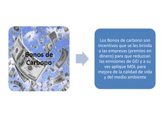      Los bonos de carbono también llamados CERs (Reducciones Certificadas de Emisiones), se generan durante la fase de ejecución de un proyecto y constituyen derechos comerciables dentro del mercado de carbono.     Usualmente el GEI es contabilizado en toneladas  de CO2  equivalente tomando como referencia un potencial de calentamiento global.