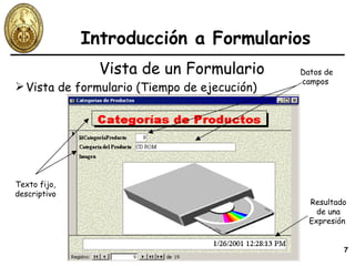 Introducción a Formularios Vista de un Formulario Vista de formulario (Tiempo de ejecución) Texto fijo, descriptivo Datos de campos  Resultado de una Expresión  