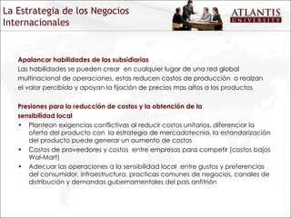 Apalancar habilidades de las subsidiarias Las habilidades se pueden crear  en cualquier lugar de una red global multinacional de operaciones, estas reducen costos de producción  o realzan el valor percibido y apoyan la fijación de precios mas altos a los productos Presiones para la reducción de costos y la obtención de la sensibilidad local Plantean exigencias conflictivas al reducir costos unitarios, diferenciar la oferta del producto con  la estrategia de mercadotecnia, la estandarización del producto puede generar un aumento de costos Costos de proveedores y costos  entre empresas para competir (costos bajos Wal-Mart) Adecuar las operaciones a la sensibilidad local  entre gustos y preferencias del consumidor, infraestructura, practicas comunes de negocios, canales de distribución y demandas gubernamentales del país anfitrión La Estrategia de los Negocios Internacionales 