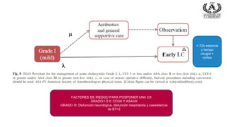 < 72h estancia
y tiempo
cirugía´+
cortos
FACTORES DE RIESGO PARA POSPONER UNA CX
- GRADO I O II: CCI≥6 Y ASA≥III
- GRADO III: Disfunción neurológica, disfunción respiratoria y coexistencia
de BT>2
 