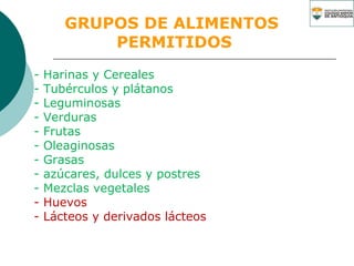 GRUPOS DE ALIMENTOS  PERMITIDOS Harinas y Cereales Tubérculos y plátanos Leguminosas Verduras Frutas Oleaginosas Grasas azúcares, dulces y postres Mezclas vegetales Huevos Lácteos y derivados lácteos 