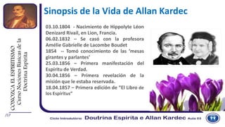 /17
Sinopsis de la Vida de Allan Kardec
03.10.1804 - Nacimiento de Hippolyte Léon
Denizard Rivail, en Lion, Francia.
06.02.1832 – Se casó con la profesora
Amélie Gabrielle de Lacombe Boudet
1854 -- Tomó conocimiento de las ‘mesas
girantes y parlantes’
25.03.1856 – Primera manifestación del
Espíritu de Verdad.
30.04.1856 – Primera revelación de la
misión que le estaba reservada.
18.04.1857 – Primera edición de “El Libro de
los Espíritus”
CONOZCAELESPIRITISMO
CursoNocionesBásicasdela
DoctrinaEspírita
 