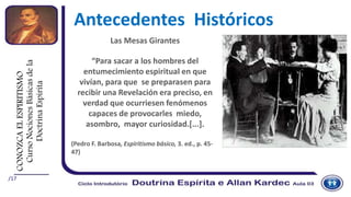 /17
Antecedentes Históricos
Las Mesas Girantes
“Para sacar a los hombres del
entumecimiento espiritual en que
vivían, para que se preparasen para
recibir una Revelación era preciso, en
verdad que ocurriesen fenómenos
capaces de provocarles miedo,
asombro, mayor curiosidad.[...].
(Pedro F. Barbosa, Espiritismo básico, 3. ed., p. 45-
47)
CONOZCAELESPIRITISMO
CursoNocionesBásicasdela
DoctrinaEspírita
 