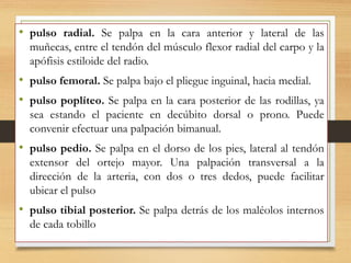• pulso radial. Se palpa en la cara anterior y lateral de las
muñecas, entre el tendón del músculo flexor radial del carpo y la
apófisis estiloide del radio.
• pulso femoral. Se palpa bajo el pliegue inguinal, hacia medial.
• pulso poplíteo. Se palpa en la cara posterior de las rodillas, ya
sea estando el paciente en decúbito dorsal o prono. Puede
convenir efectuar una palpación bimanual.
• pulso pedio. Se palpa en el dorso de los pies, lateral al tendón
extensor del ortejo mayor. Una palpación transversal a la
dirección de la arteria, con dos o tres dedos, puede facilitar
ubicar el pulso
• pulso tibial posterior. Se palpa detrás de los maléolos internos
de cada tobillo
 