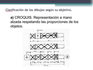 Clasificación de los dibujos según su objetivo.

a) CROQUIS. Representación a mano 
alzada respetando las proporciones de los 
objetos.

 