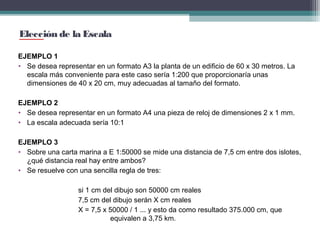 Elección de la Escala
EJEMPLO 1
• Se desea representar en un formato A3 la planta de un edificio de 60 x 30 metros. La
escala más conveniente para este caso sería 1:200 que proporcionaría unas
dimensiones de 40 x 20 cm, muy adecuadas al tamaño del formato.
EJEMPLO 2
• Se desea representar en un formato A4 una pieza de reloj de dimensiones 2 x 1 mm.
• La escala adecuada sería 10:1
EJEMPLO 3
• Sobre una carta marina a E 1:50000 se mide una distancia de 7,5 cm entre dos islotes,
¿qué distancia real hay entre ambos?
• Se resuelve con una sencilla regla de tres:
si 1 cm del dibujo son 50000 cm reales
7,5 cm del dibujo serán X cm reales
X = 7,5 x 50000 / 1 ... y esto da como resultado 375.000 cm, que
equivalen a 3,75 km.

 