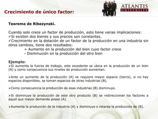 Crecimiento de único factor:

 Teorema de Ribezynski.

 Cuando solo crece un factor de producción, esto tiene varias implicaciones:
 Si existen dos bienes y sus precios son constantes.
 Crecimiento en la dotación de un factor de la producción en una industria sin
 otros cambios, tiene dos resultados:
          + Aumento en la producción del bien cuyo factor crece
          - Disminución en la producción del otro bien

 Ejemplo:
 Si aumenta la fuerza de trabajo, este excedente se ubica en la producción de un bien
 (A) y como consecuencia sus niveles de producción aumentan.

 Ante un aumento de la producción (A) se requiere mayor espacio (tierra), si no hay
 espacios disponibles, se toman espacios de otras industrias (B).

 Como consecuencia la producción de esas industrias (B) disminuye.

 Si disminuye la producción de este otro producto (B) se redireccionan los factores a
 aquel que mayor demanda posee (A).

 Aumenta la producción de la industria (A) y disminuye o retarda la producción de (B).
 
