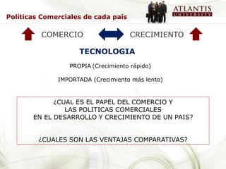 Políticas Comerciales de cada país

         COMERCIO                    CRECIMIENTO

                    TECNOLOGIA
                 PROPIA (Crecimiento rápido)

              IMPORTADA (Crecimiento más lento)



             ¿CUAL ES EL PAPEL DEL COMERCIO Y
                LAS POLITICAS COMERCIALES
       EN EL DESARROLLO Y CRECIMIENTO DE UN PAIS?


         ¿CUALES SON LAS VENTAJAS COMPARATIVAS?
 