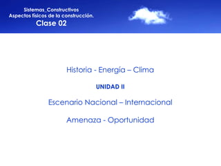 Sistemas_Constructivos Aspectos físicos de la construcción. Clase 02 Historia - Energía – Clima UNIDAD II Escenario Nacional – Internacional Amenaza - Oportunidad 