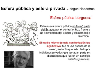 Esfera pública y esfera privada … según Habermas Esta nueva esfera pública  no formó parte del Estado:  por el contrario, hizo frente a las actividades del Estado y las sometió a la crítica.  El medio mismo de esta confrontación fue significativo : fue el uso público de la razón, en tanto que articulado por individuos privados que tomaban parte en discusiones que fueron  en principio abiertas y francas. Esfera pública burguesa 