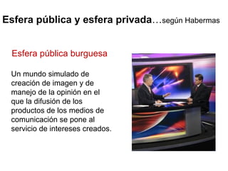 Esfera pública y esfera privada … según Habermas Un mundo simulado de creación de imagen y de manejo de la opinión en el que la difusión de los productos de los medios de comunicación se pone al servicio de intereses creados. Esfera pública burguesa 