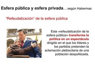 Esfera pública y esfera privada … según Habermas Esta «refeudalización de la esfera pública»  transforma la política en un espectáculo  dirigido en el que los líderes y los partidos pretenden la aclamación plebiscitaria de una población despolitizada. “ Refeudalización” de la esfera pública 