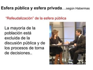 Esfera pública y esfera privada … según Habermas La mayoría de la población está excluida de la discusión pública y de los procesos de torna de decisiones.. “ Refeudalización” de la esfera pública 