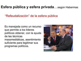 Esfera pública y esfera privada … según Habermas Es manejada como un recurso que permite a los líderes políticos obtener, con la ayuda de las técnicas massmediáticas, asentimiento suficiente para legitimar sus programas políticos.  “ Refeudalización” de la esfera pública 