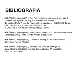 HABERMAS, Jürgen (1981)  The Theory of Communicative Action, Vol. 2, Lifeworld and System: A Critique of Functionalist Reason. Cambridge: Polity Press. [hay traducción al castellano: HABERMAS, Jürgen (1987)  Teoría de la acción comunicativa. Tomo II. Crítica de la razón funcionalista, Madrid, Taurus] HABERMAS, Jürgen  (1990) Moral Consciousness and Communicative Action. Carnbridge: Polity Press. [hay traducción al castellano: HABERMAS, Jürgen (1994)  Conciencia moral y acción comunicativa, Barcelona, Planeta-Agostini] HABERMAS, Jürgen (1992)  Faktizität und Geltung. Beiträge zur Diskurstheorie des Rechts und des demokratischen Rechtsstaats. Frankfurt: Suhrkamp. BIBLIOGRAFÍA 