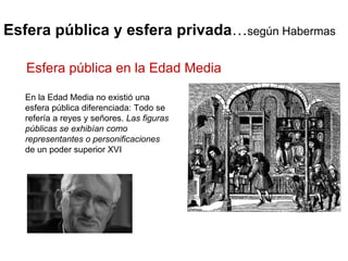 Esfera pública y esfera privada … según Habermas En la Edad Media no existió una esfera pública diferenciada: Todo se refería a reyes y señores.  Las figuras públicas se exhibían como representantes o personificaciones  de un poder superior XVI Esfera pública en la Edad Media 