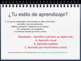 ¿Tu estilo de aprendizaje? 
9. Al usar la computadora, de momento no sabes cómo hacer 
una tabla o usar una aplicación, 
a)Buscas ejemplos o diagramas en la internet. 
b) Le preguntas a un compañero 
c) Continuas tratando por horas y horas 
Resultados - Identifica cuál letra se repite más: 
A: Aprendiz visual 
B. Aprendiz auditivo 
C. Aprendiz por movimiento o tacto 
Cuestionario traducido por Dra. Jeannette Delgado Nazario: http://www.learningcircuits.org/2005/oct2005/watkins.htm 
