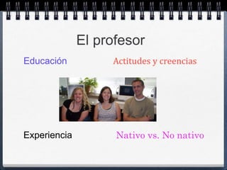 El profesor 
Educación Actitudes y creencias 
Experiencia Nativo vs. No nativo 
 