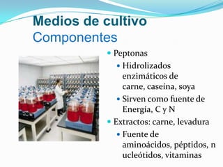 Medios de cultivo
Componentes
            Peptonas
              Hidrolizados
                enzimáticos de
                carne, caseína, soya
               Sirven como fuente de
                Energía, C y N
            Extractos: carne, levadura
               Fuente de
                aminoácidos, péptidos, n
                ucleótidos, vitaminas
 